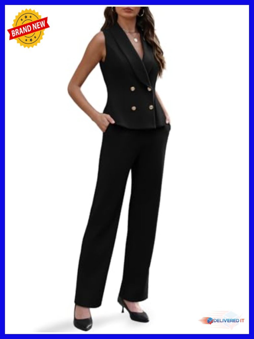 Sleeveless V-Neck Double Breasted Blazer Vest Pants Suit Set for Work